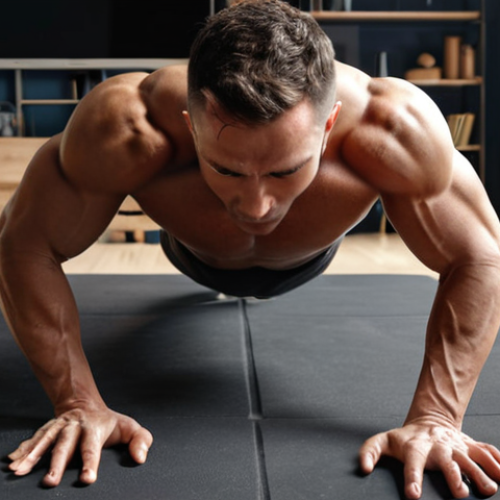 **

A person doing push-ups at home, focusing on proper form. Showcasing the chest, shoulders, and triceps muscles being engaged. Background should be a simple home setting.

**