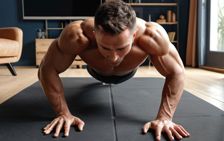 **
A person doing push-ups at home, focusing on proper form. Showcasing the chest, shoulders, and triceps muscles being engaged. Background should be a simple home setting.
**